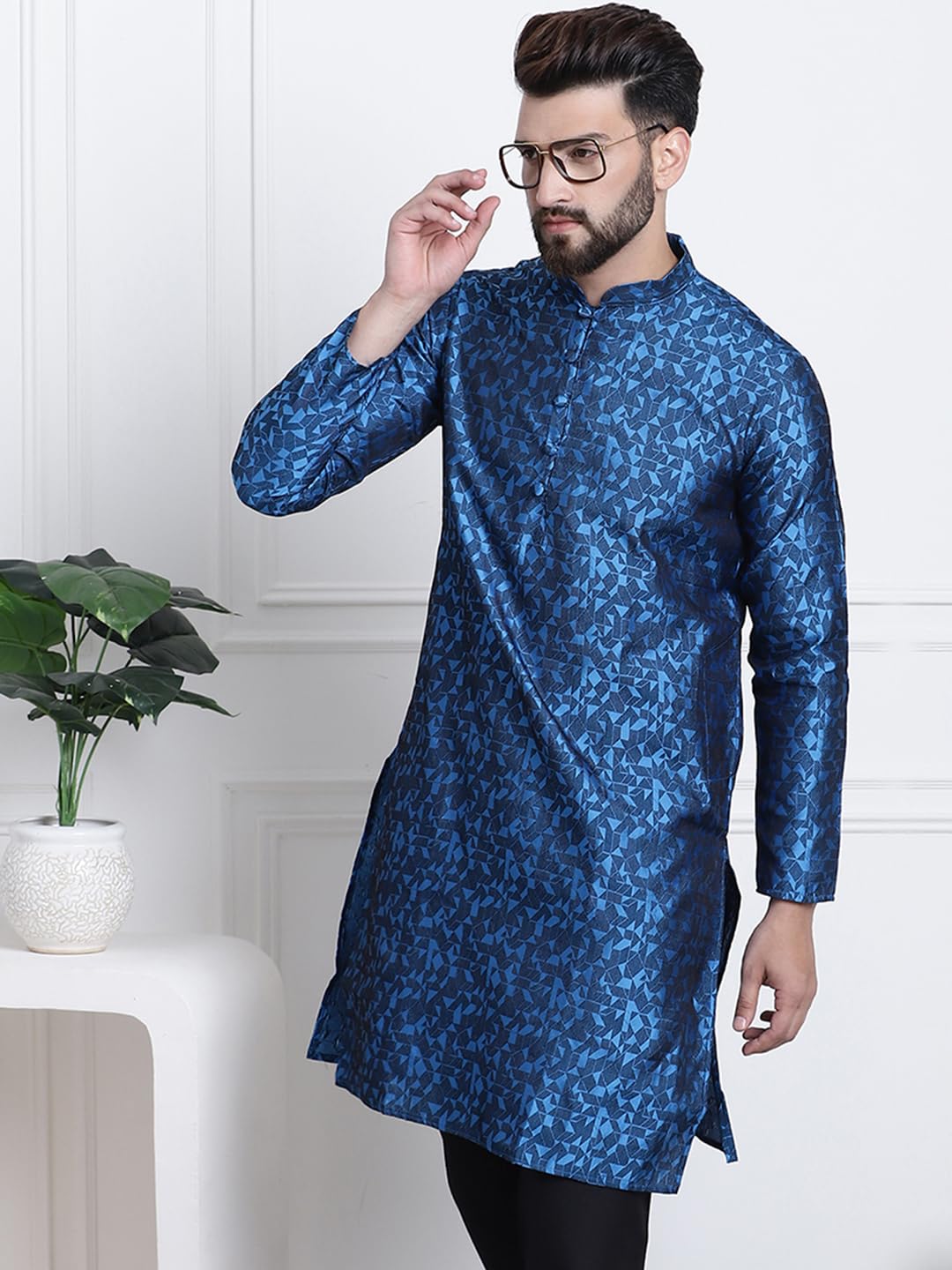 Sojanya (Since 1958 Men's Silk Blend Blue Geometrical Print Only Long Kurta