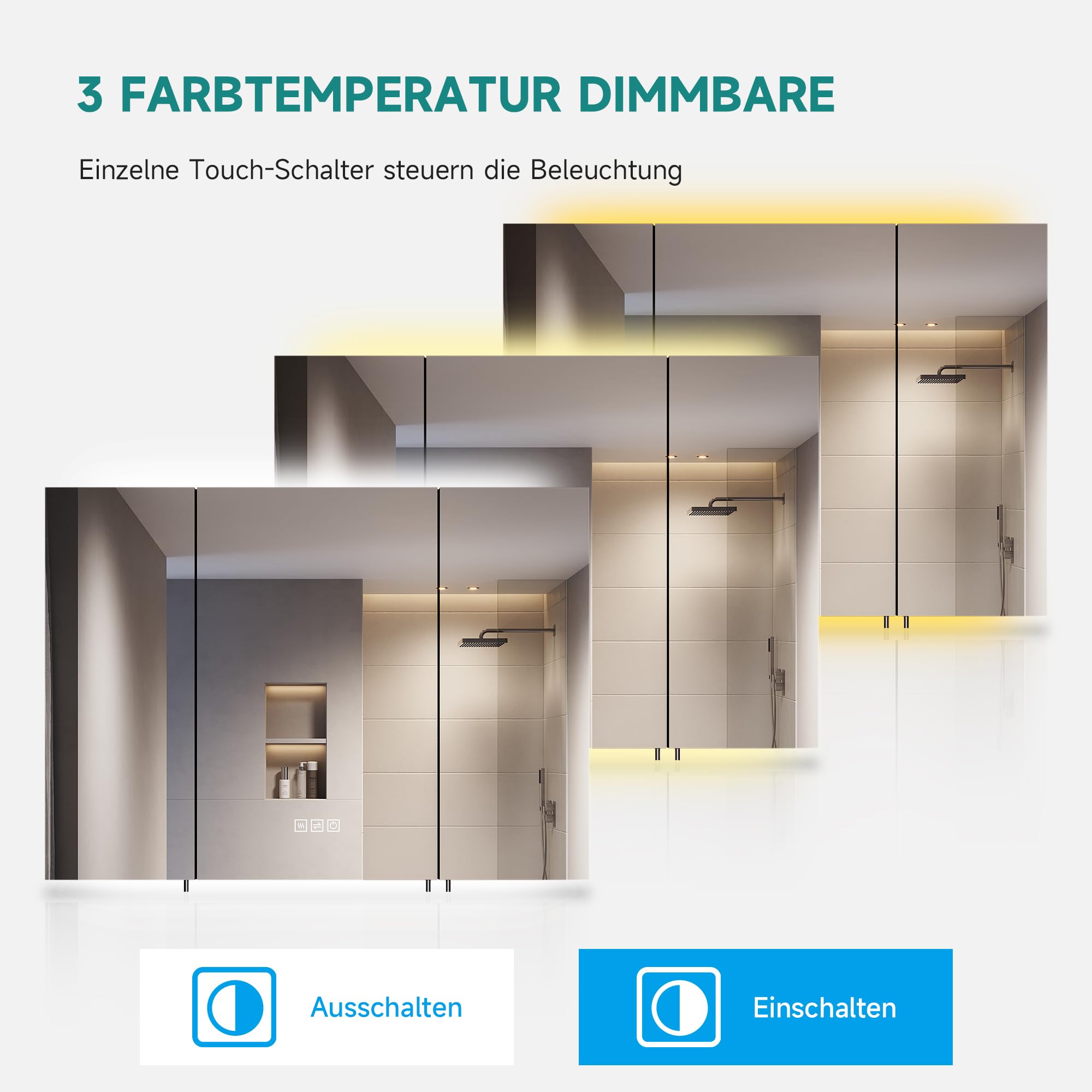 Spiegelschrank 900x650mm mit Beleuchtung, LED Badspiegelschrank, 3 Farbtemperatur dimmbare, Antibeschlag, Steckdose und Touch, Schwarz Smarter Spiegelschrank