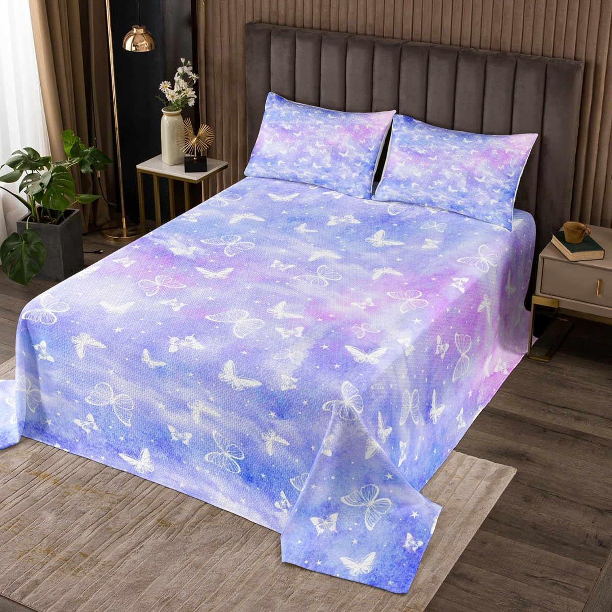 Feelyou Butterfly Bedspread Queen Size Girl Butterfly Coverlet Set Galaxy Print Quilt Set Star Pastel Decor Bedding Collection for Boys Girls Kids Adults
