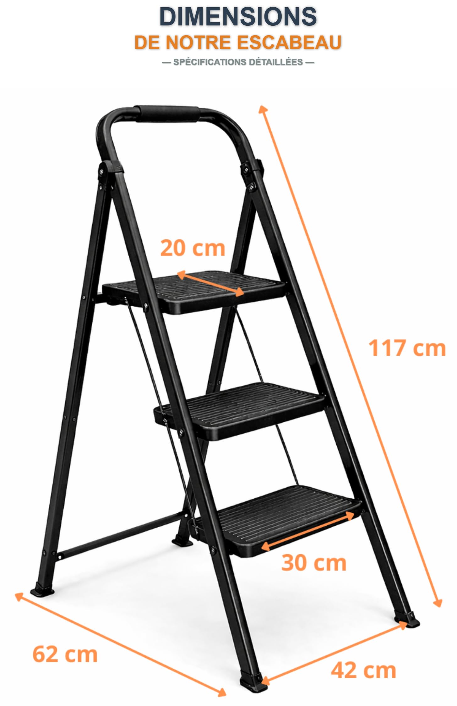 Escabeau 3 Marches Pliable - Marche Pied Antidérapant et Stable avec Poignée en Acier Robuste - Échelle de Bricolage Compacte pour Maison et Jardin - Charge 150 Kg (3 Marches)