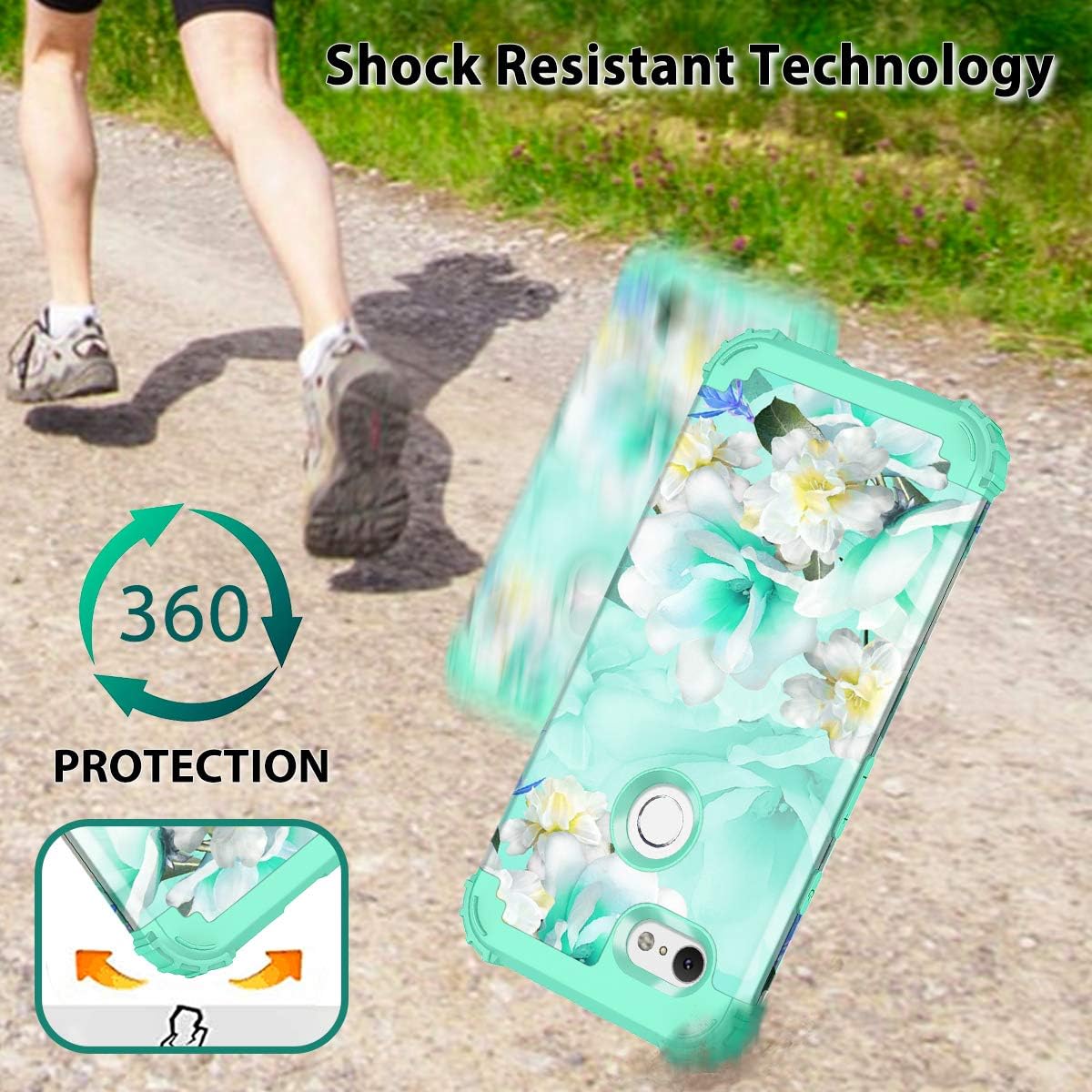 Casetego Compatible with Google Pixel 3a Case,Floral Three Layer Heavy Duty Hybrid Sturdy Shockproof Full Body Protective Cover Case for Google Pixel 3a,Green/White