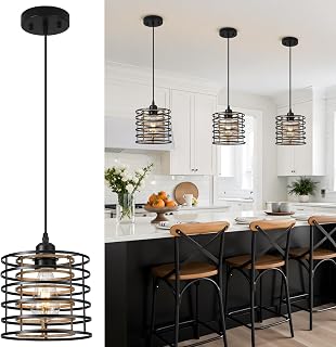 Farmhouse Pendant Lights Kitchen Island, Kitchen Hanging Light Fixtures Wood Grain Cage Metal Lighting for Dining Room Bedroom Bar Office Entryway Hallway, Industrial Black, 1 Pack