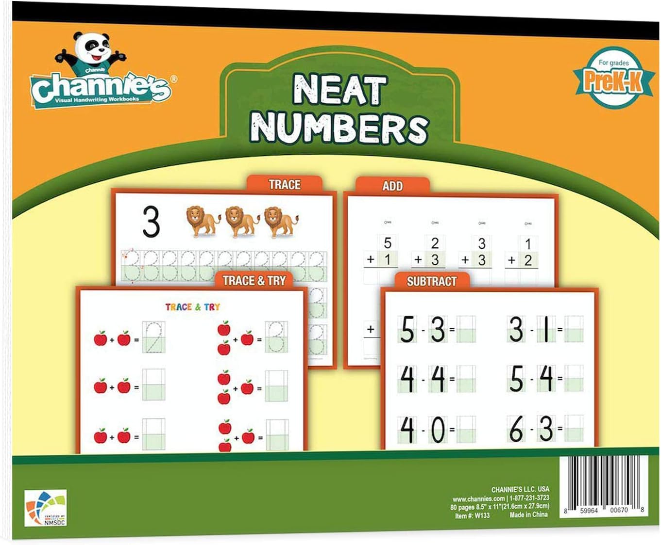 Channie’s Neat Numbers Visual Workbook 80 Pages 11x8.5 inch Pre-K -K Summer School, Summer Bridge