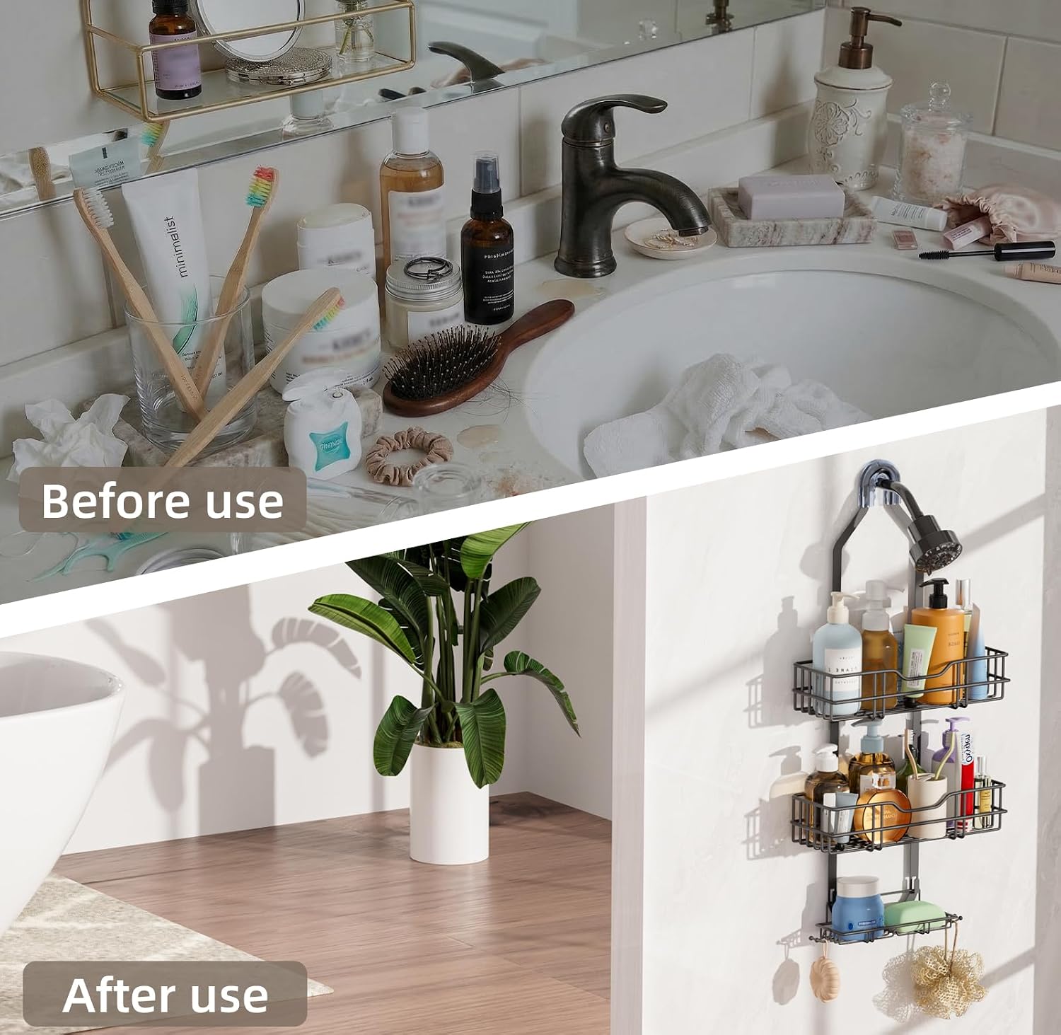 Over the Shower Head Caddy, 3-Tier Hanging Shower Shelves Rustproof, Shower Storage Organizer with Hooks and Soap Holder, No Drilling Bathroom Shower Rack, Black