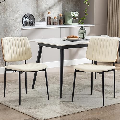 Miniatura 5 de Okeysen Juego de 2 sillas de comedor de cuero, sillas de comedor modernas de mediados de siglo con respaldo de madera curvada y asiento tapizado,