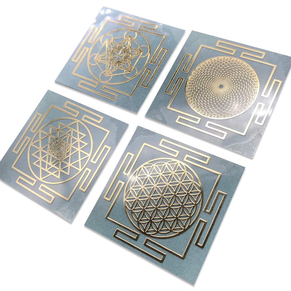 MetalArtern Sacred Geometry Mandala Gold Plated Chromed Silver Plated Metal Sticker (Set of 4 Pieces) Metal Energy Decal (Gold)