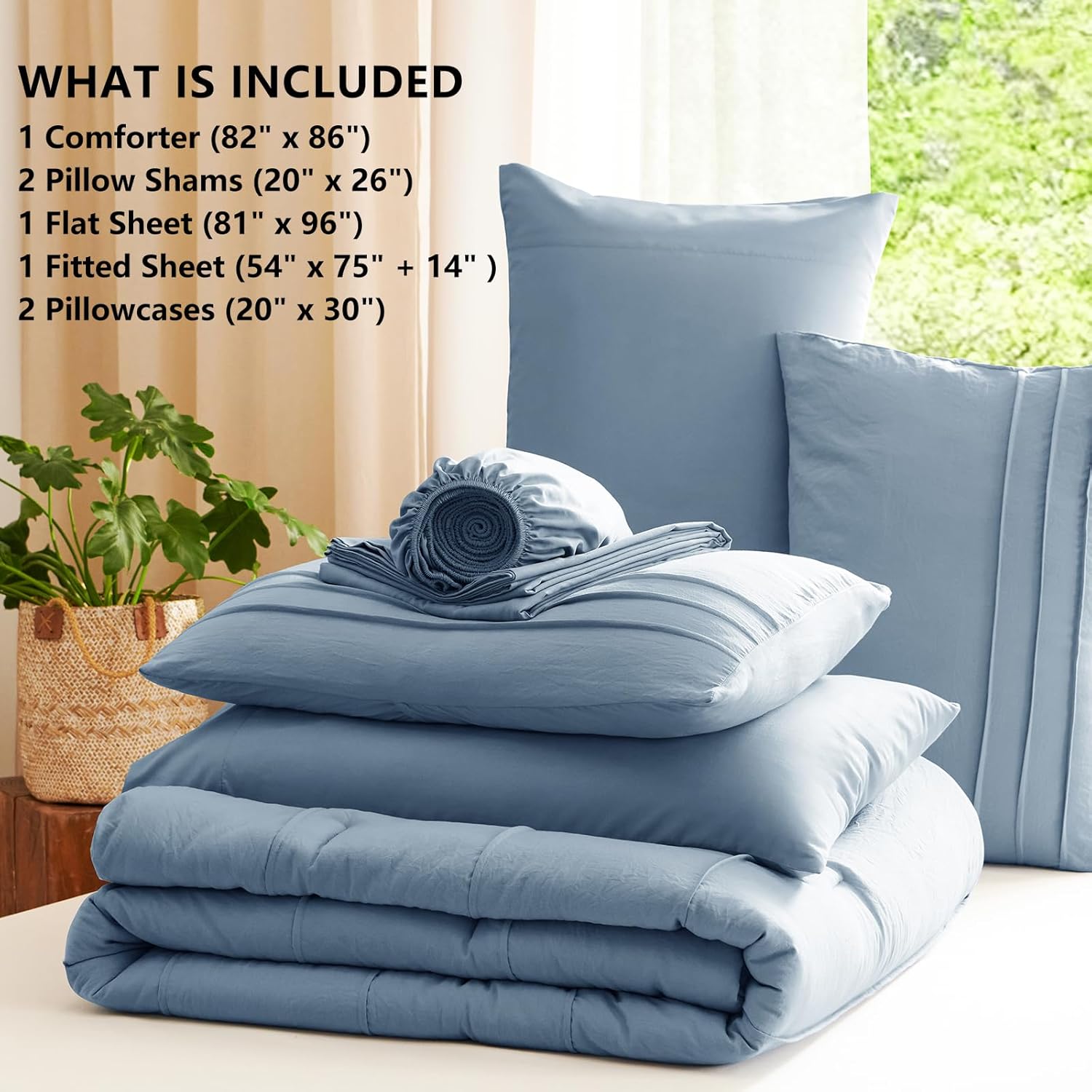CozyLux Full Size Comforter Set Grayish Blue, 7 Pieces Soft Pinch Pleat Bed in a Bag Full Comforter Set with Sheets, Boho Bed Set with Down Alternative Comforter, Sheets, Pillowcases & Shams