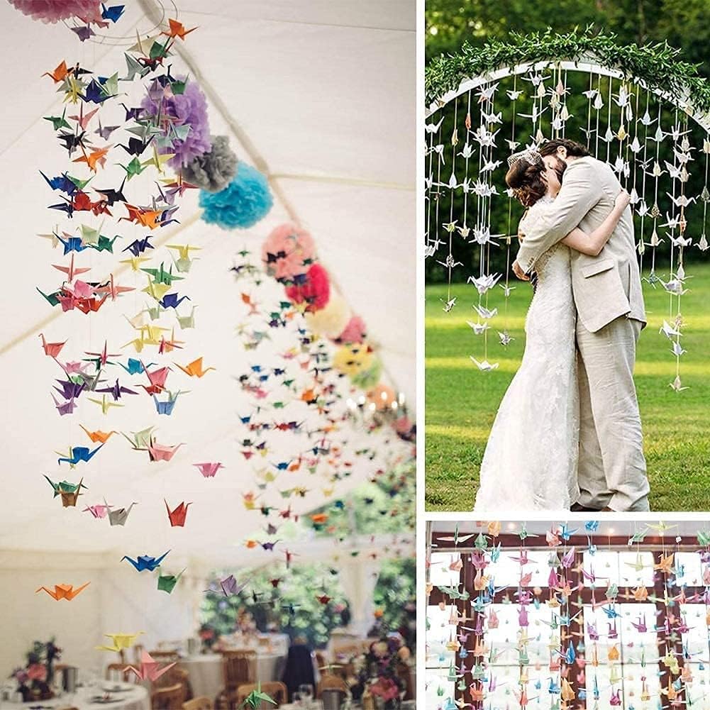 10Strings 15cm Big Size Premade Origami Paper Crane Garlands for Rustic Wedding Party Decorations Rainbow Origami Cranes Folded Bird Streamers for Kids Party Décor Peace Dove-Happiness Good Luck