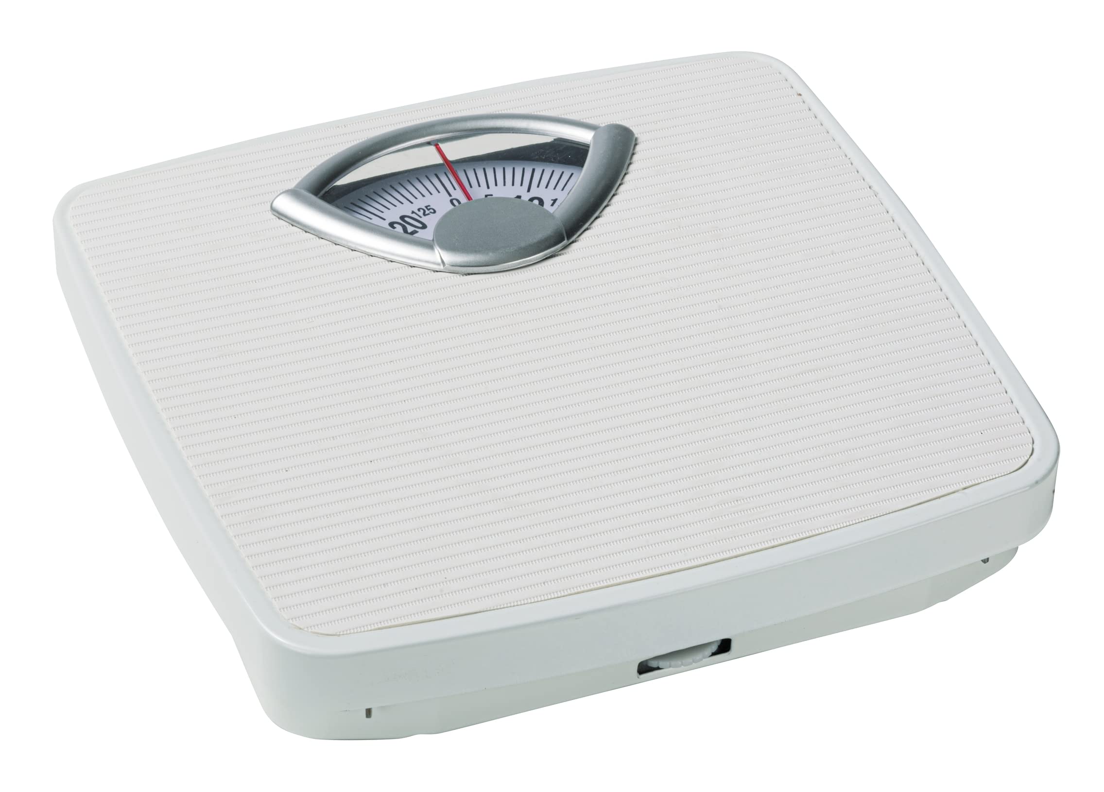 Bilancia meccanica, precisa e analogica WENKO con ampia scala e battistrada antiscivolo, campo di misura fino a 130 kg con incrementi di 1 kg, alloggiamento in metallo bianco, 27 x 4,5 x 26,5 cm
