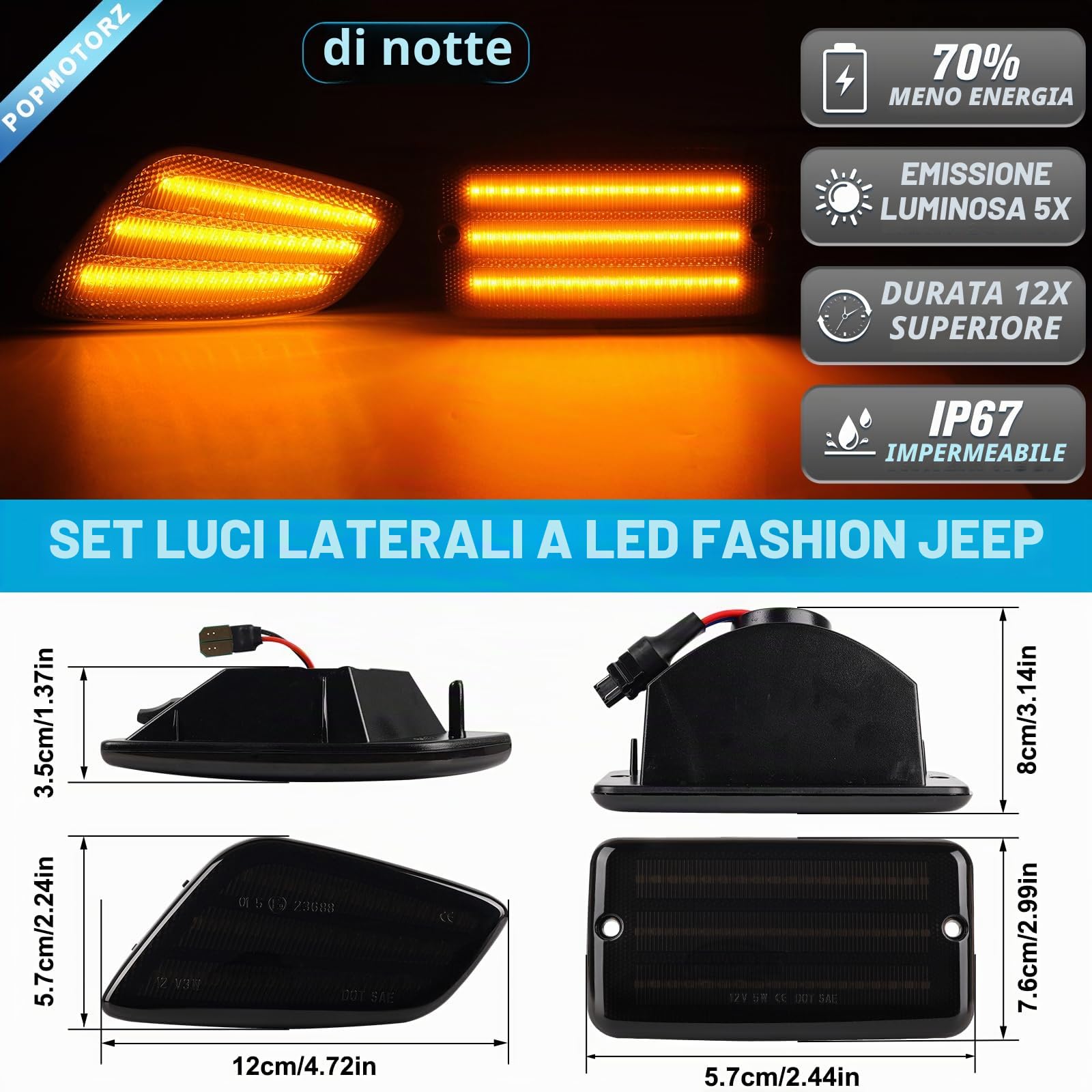 POPMOTORZ LED Luci laterali per J-eep Wrangler TJ 1997-2006, LED Frecce Laterali Indicatori di Direzione con Canbus Senza Errori 2835 SMD, 4 Pezzi