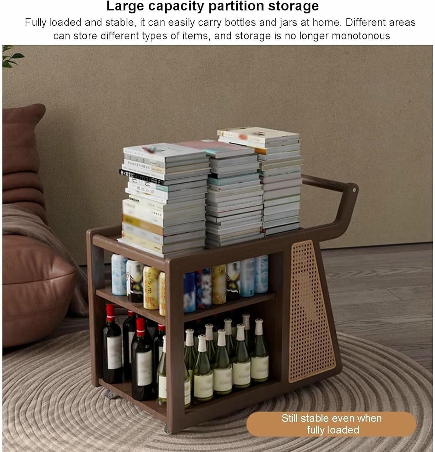 Solid Wood Rattan Kitchen Island Cart with 3-Tier Storage Narrow Rolling Utility Cart on Wheels Multi-Functional Side Table,Living Room