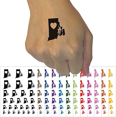 Rhode Island State with Heart Temporary Tattoo Water Resistant Fake Body Art Set Collection - Orange (One Sheet)