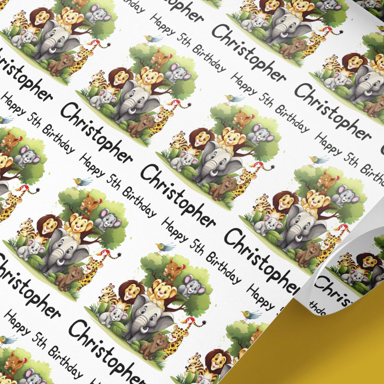 Personalised Jungle Animals Wrapping Paper | Custom Safari Animal Gift Wrap for Kids | Monkey, Lion, Elephant Design | 61cm Wide Rolls | Birthday & Baby Shower Present Wrap with Name & Age