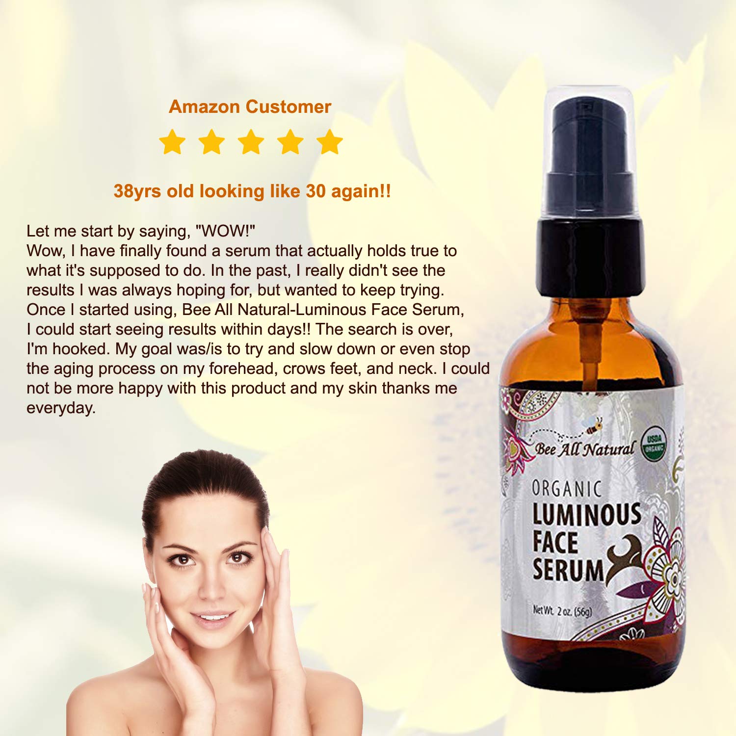 Organic Luminous Face Serum | For Youthful, Moisturized & Nourished Skin | USDA Certified Organic | 2 oz. Glass Bottle