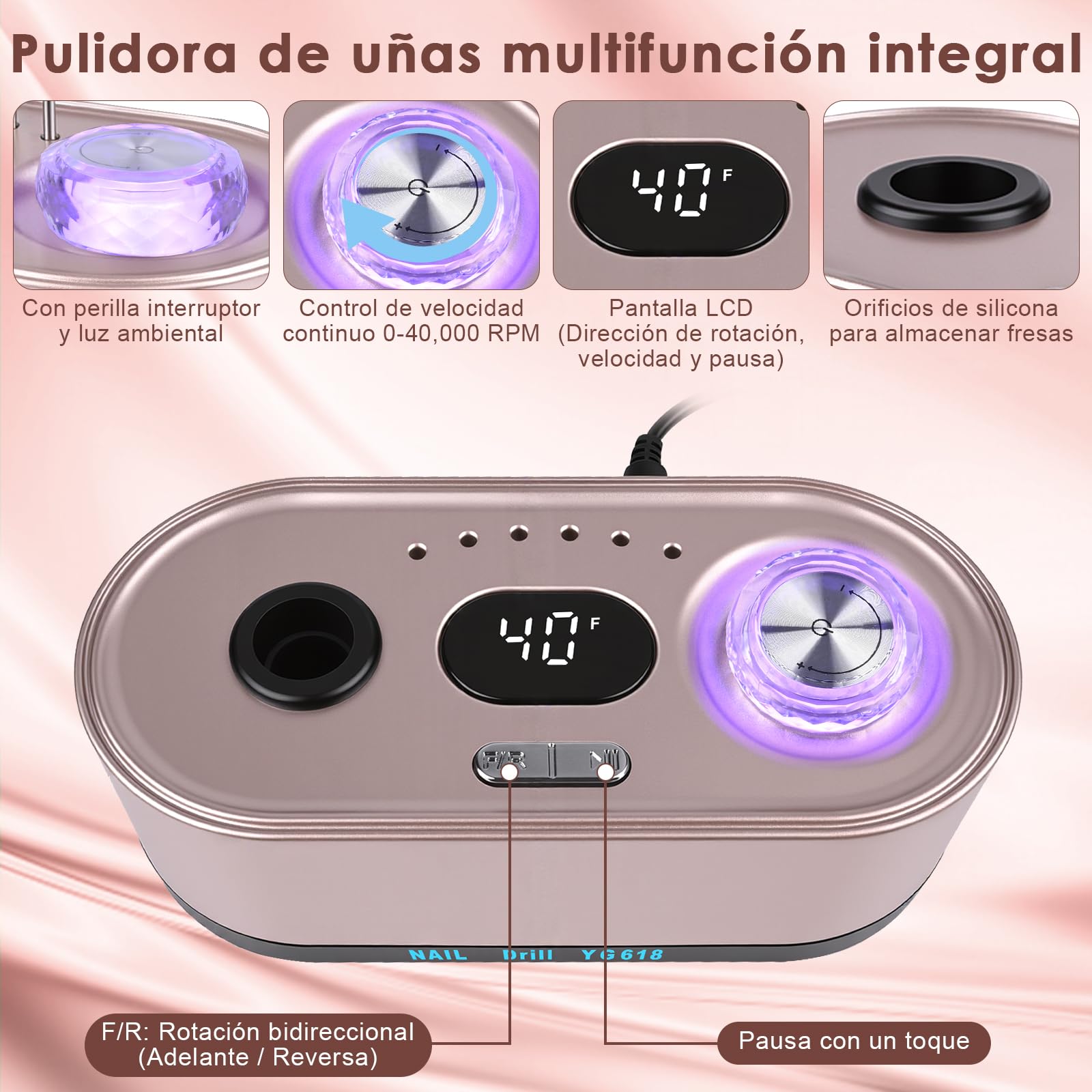 Torno para Uñas 12 in 1 Torno Para uñas Profesional 40000 rpm, Lima Electrica Uñas,Velocidad Ajustable,Pantalla LCD,Control de Botones Iluminados,Silencioso,para Uso Doméstico Salones de Uñas