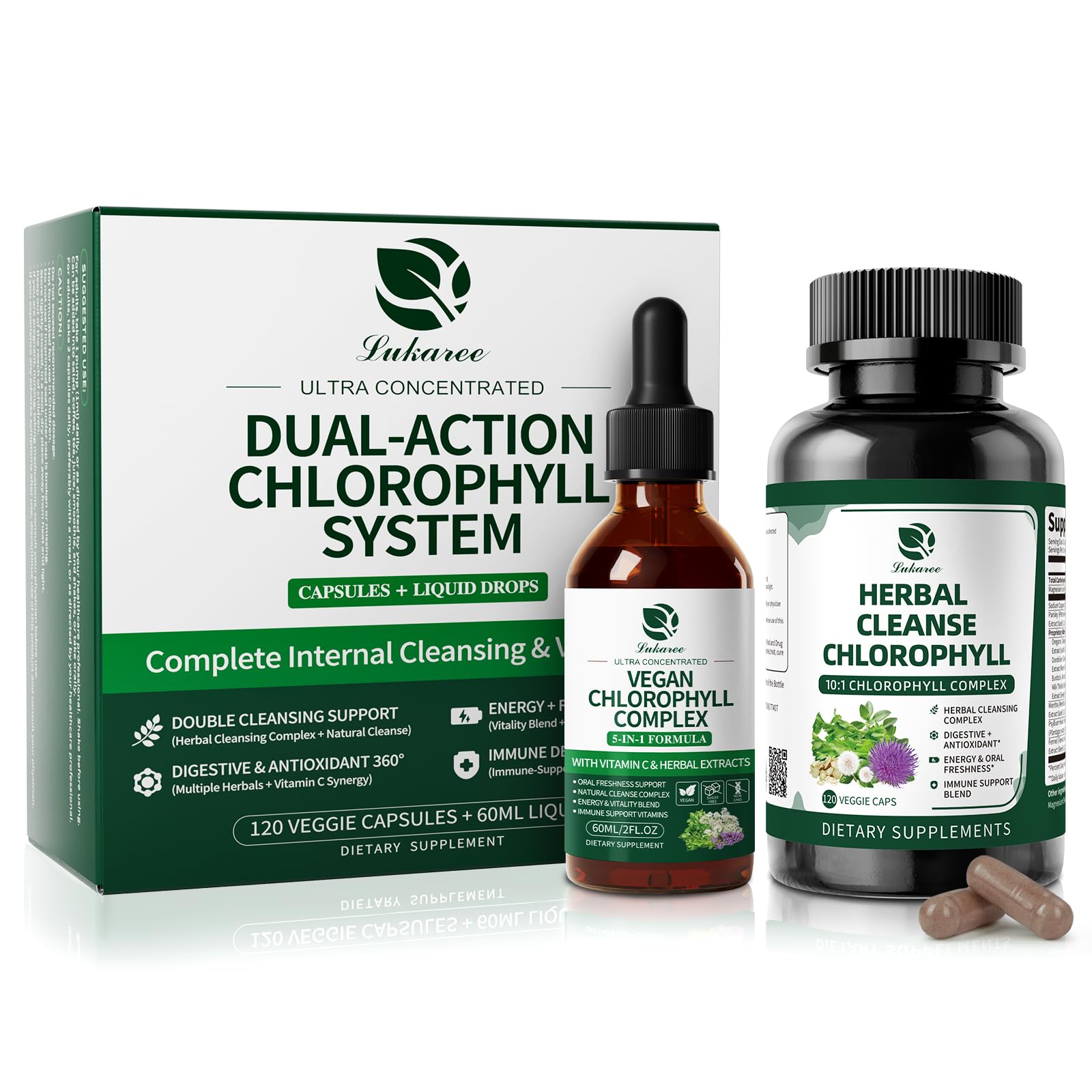Chlorophyll Liquid Drops & Capsules Combo, Dual Action Support for Cleansing, Energy & Oral Freshness, Immune Support, Internal Deodorant, Skin & Gut Health, Vegan, Sugar-Free, 2Oz + 120 Caps