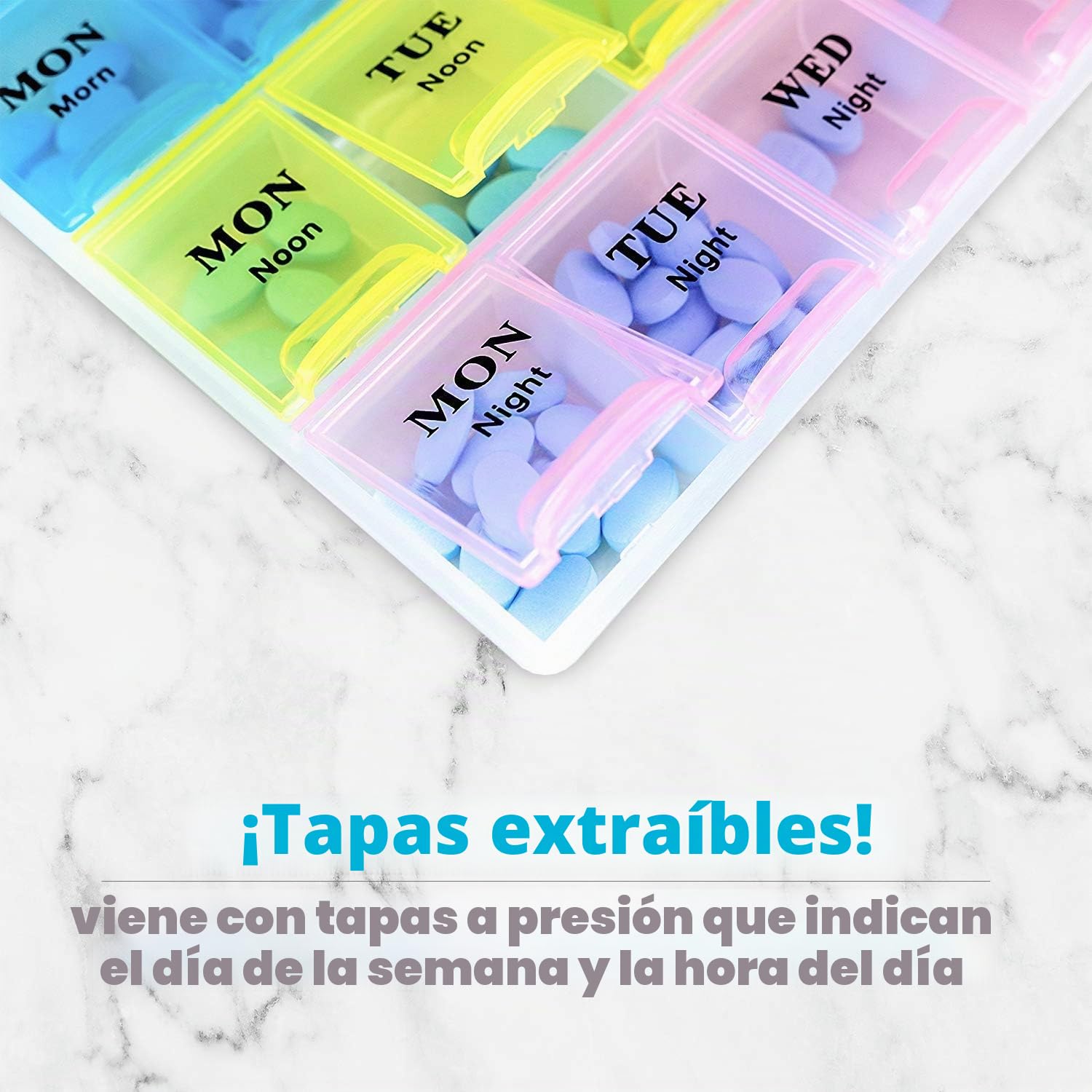 Pastillero semanal para vitaminas y medicamentos, organizador para 21 tomas, cajas para 3 tomas diarias, fáciles de leer y fácil de transportar, 2 unidades
