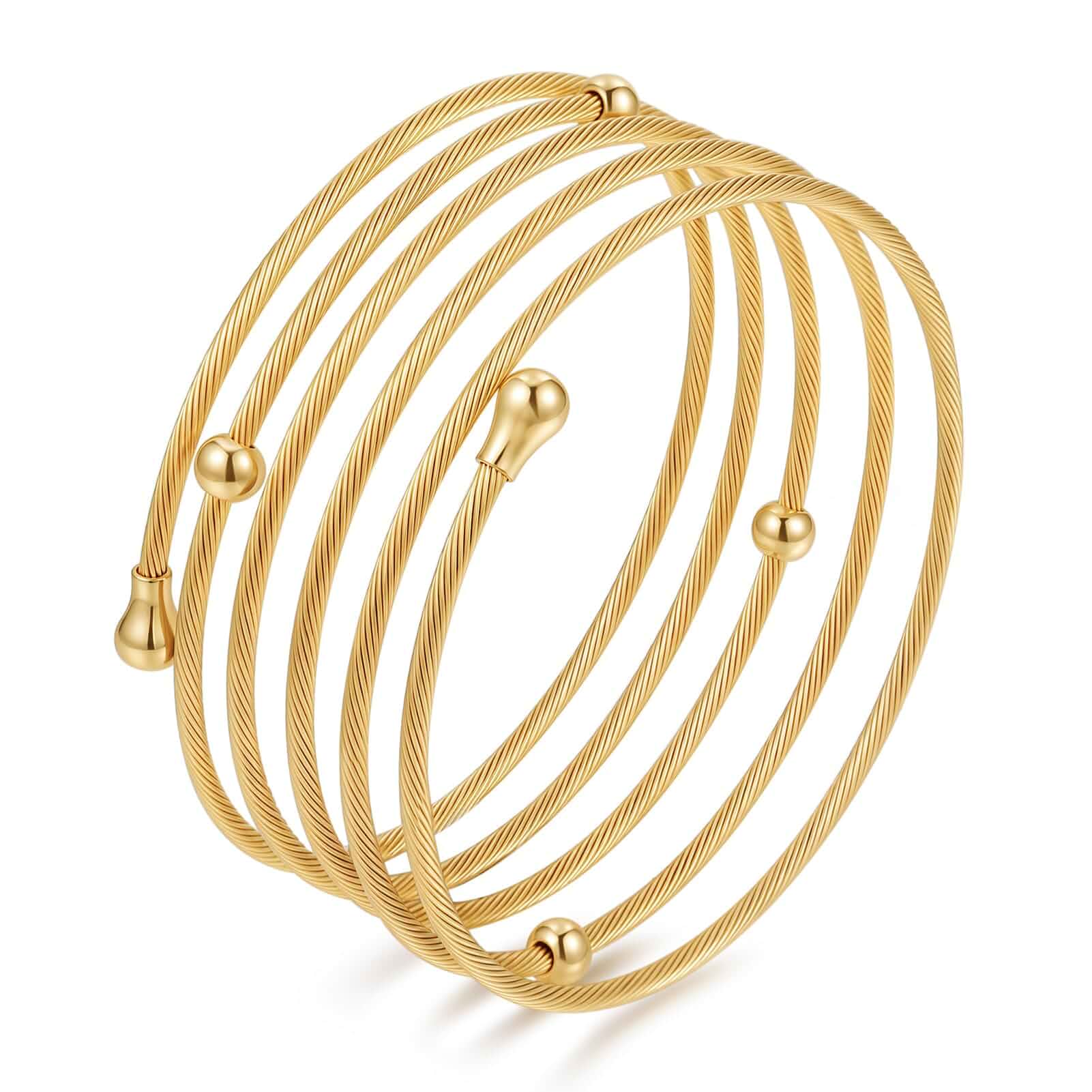 HEYU 18K Gold Plated Multi Layer Wire Cuff Bracelet for Women, Adjustable Twisted Cable Open Bangle, Stainless Steel Stackable Waterproof Minimalist Jewelry Gift