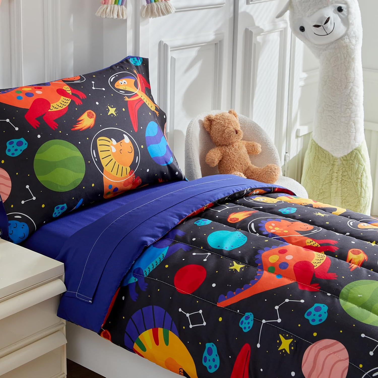 Kids Comforter Sheet Set - Soft and Breathable Bed Set Includes Quilted Comforter, Fitted Sheet, Flat Top Sheet, Pillowcase and Toddler Pillowcase - 4 Pieces Toddler Bedding Set Navy Space Dinosaur
