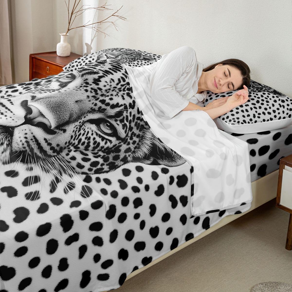 Erosebridal Cheetah Print Sheet Set Black White Leopard Full Size Bed Sheets for Toddler Boys,Safari Animals Fur Hair Large Spotted Leopard Bedding Set