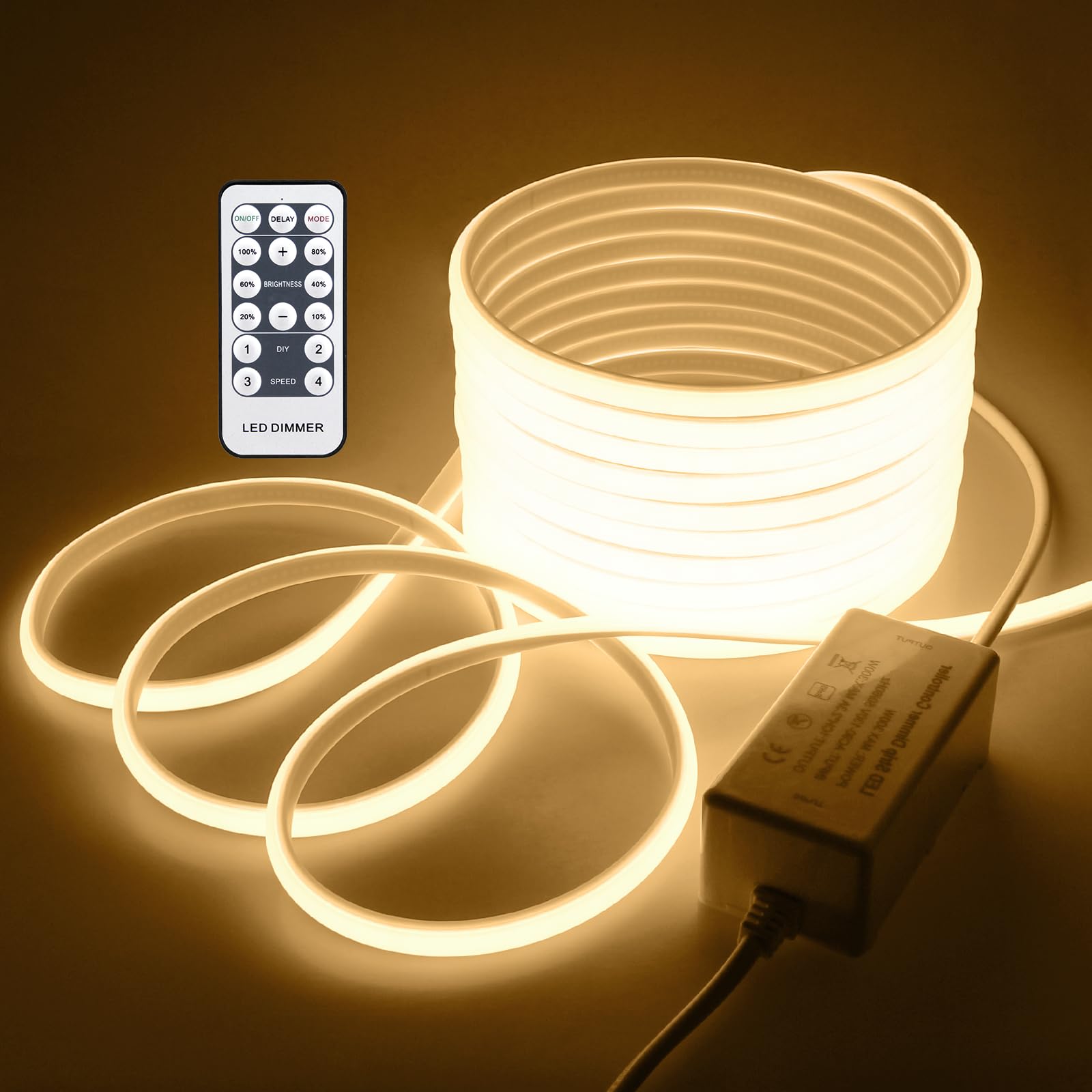 Samsion COB Outdoor LED Strip Lights Waterproof 50ft Dimmable LED Rope Light with Reomote AC 110V~120V Cuttable Flexible FCOB COB Light Strip Warm