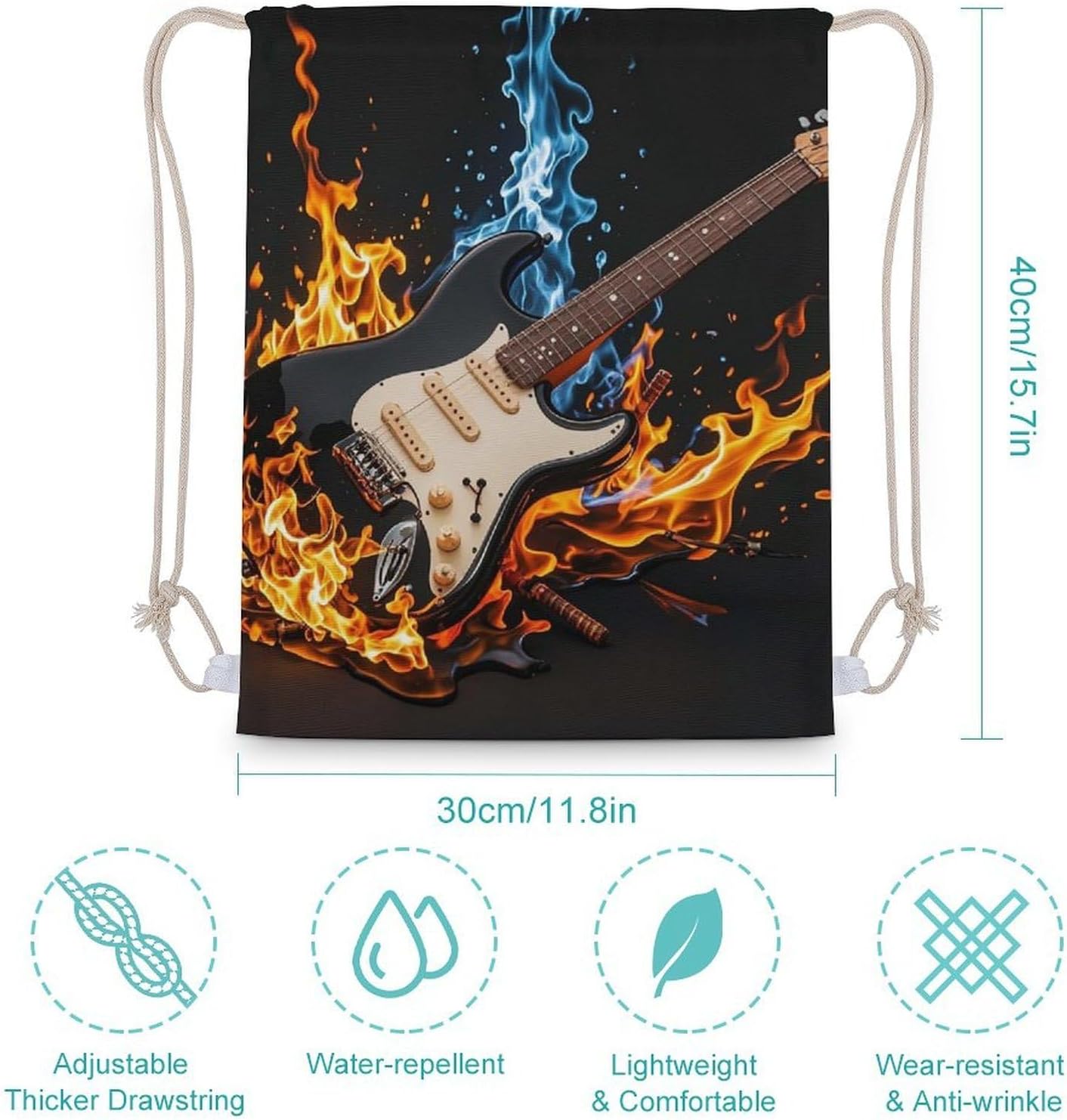 Canvas Drawstring Electric Guitar Music Backpack for Gym, Personalized Sport Pack Bags 30x40cm for Travel, Shopping image 2