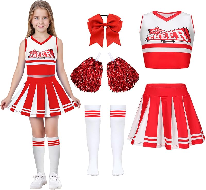 Deguisement Pompom Girl Deguisement Cheerleader avec Pom Poms Nœud Et Chaussettes Costume De Cheerleader Enfant Uniforme de Pom-Pom Girl Pour Carnaval Cosplay Mascarade Halloween FêTe Performance