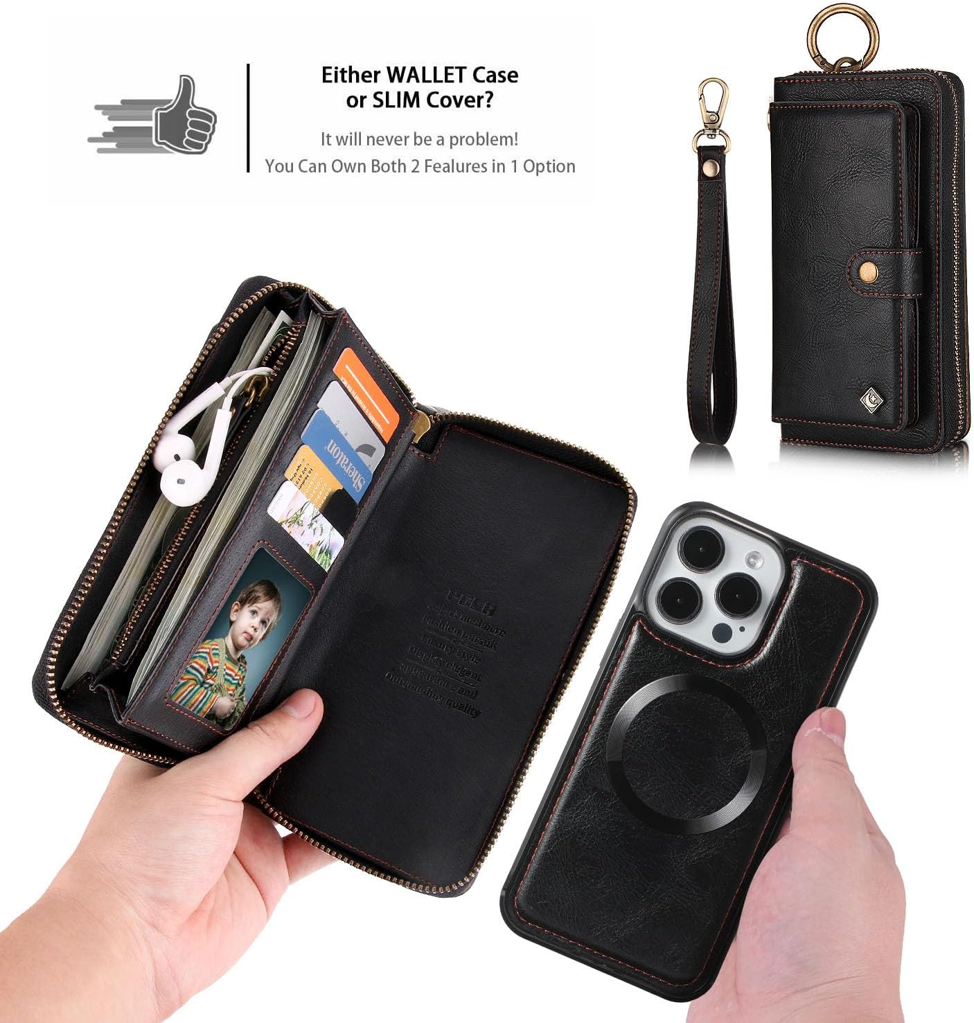 LITOU Compatible for iPhone 15 Pro Max Phone Case Wallet for Women Men，Wristlets Zipper Leather Wallet Flip Case，RFID Blocking Card Holder,Detachable Magnetic Cover Case.Black