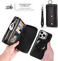 Vista 4 de Funda compatible con iPhone 15 Plus para mujeres y hombres, funda de piel con cierre de pulseras, tarjetero con bloqueo RFID, funda magnética Negro