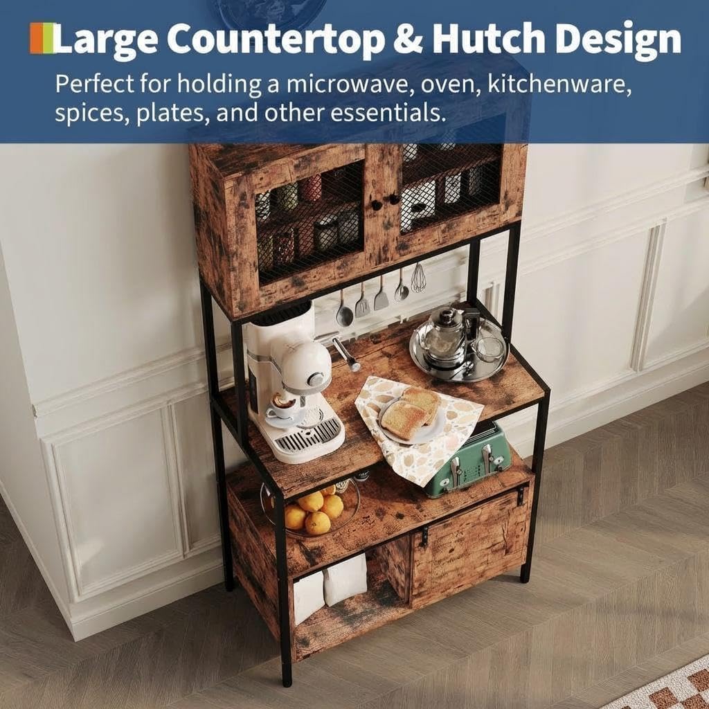 63.4" Industrial Bakers Rack with Charging Station, 5-Tier Kitchen Microwave Stand with Storage Cabinet, Open Shelves and 10 Hooks, Farmhouse Coffee Bar Organizer for Dining Room, Living Room, Rustic