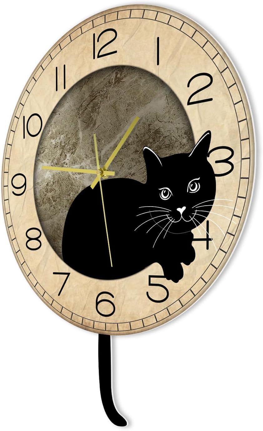 Black Cat Clock with Moving Tail Vintage, Funny Cat Wall Clock with Swinging Tail Silent Non Ticking Battery Operated Creative DIY Pendulum Wall Clock Black Kitty Decor Gift for Cat Lovers