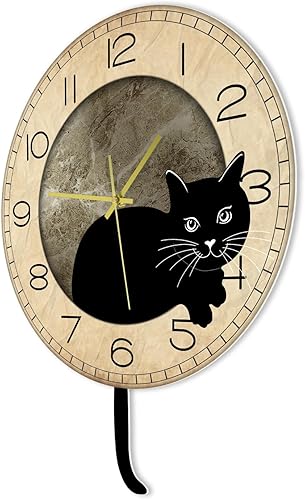 Miniatura 5 de Reloj de pared con péndulo de gato negro, divertido reloj oscilante de gato con cola móvil, silencioso, sin tictac, funciona con pilas, reloj de