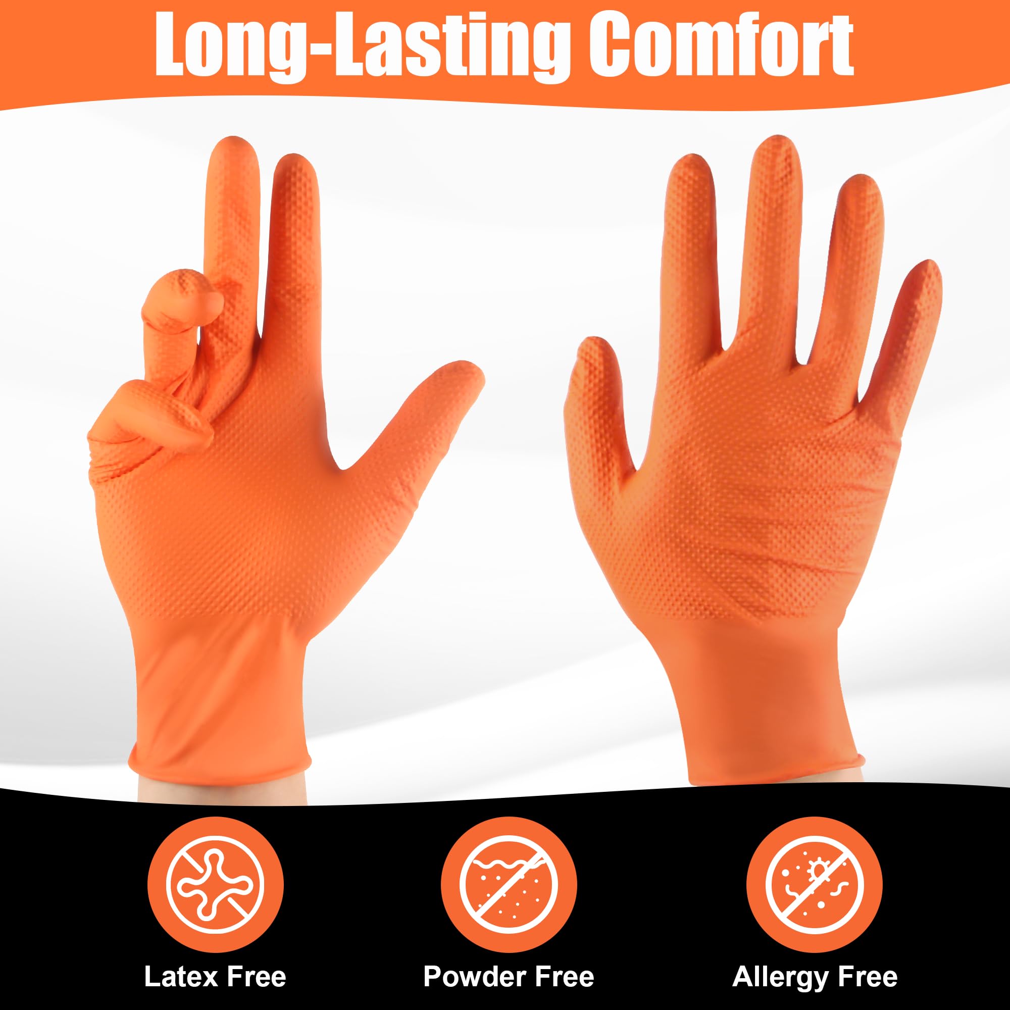 TREEGO Guantes de nitrilo naranja de 10 mil, medianos, desechables, resistentes, sin látex ni polvo, resistentes a los químicos, agarre de diamante para automoción, preparación de alimentos, limpieza