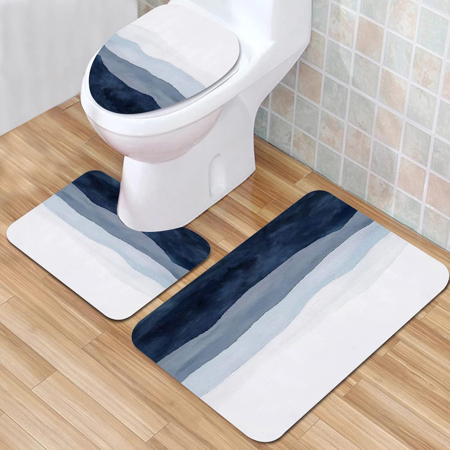 IUBBKI Bathroom Mat, Non Slip Mat, Blue Watercolor Mountain Painting