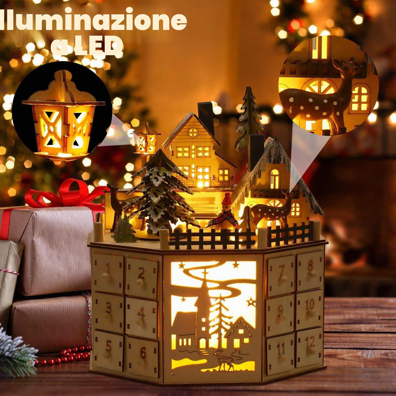 Calendario dell'avvento in legno con 24 cassetti, illuminato a LED, calendario dell'avvento con musica, calendario dell'avvento vuoto da riempire con conto alla rovescia, regali per le vacanze