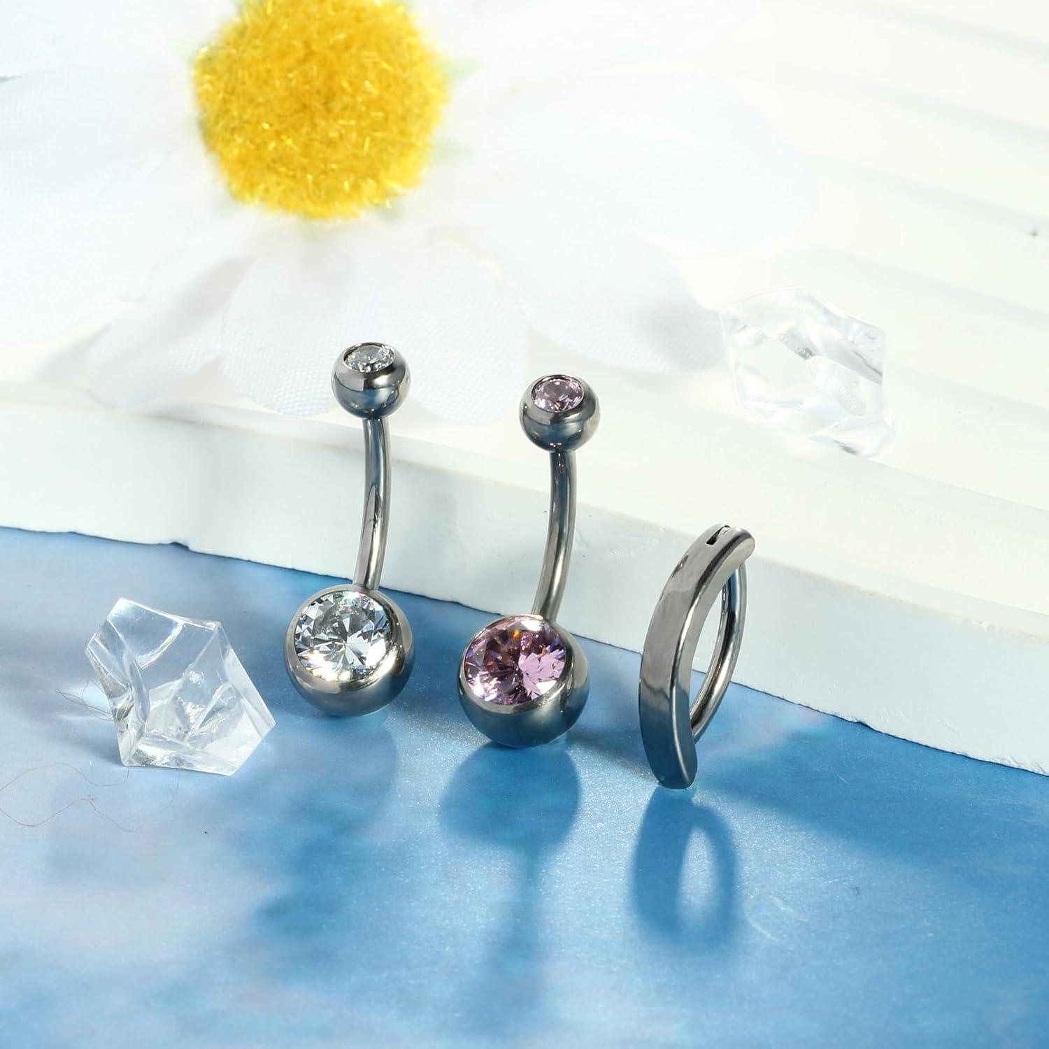 TIANCI FBYJS 3pcs G23 Titanium Pink Belly Button Rings Internally Threaded 10mm Clicker Reverse Curved Hoop Navel Barbell Piercing Jewelry CZ Belly Rings for Women Men - Image 6