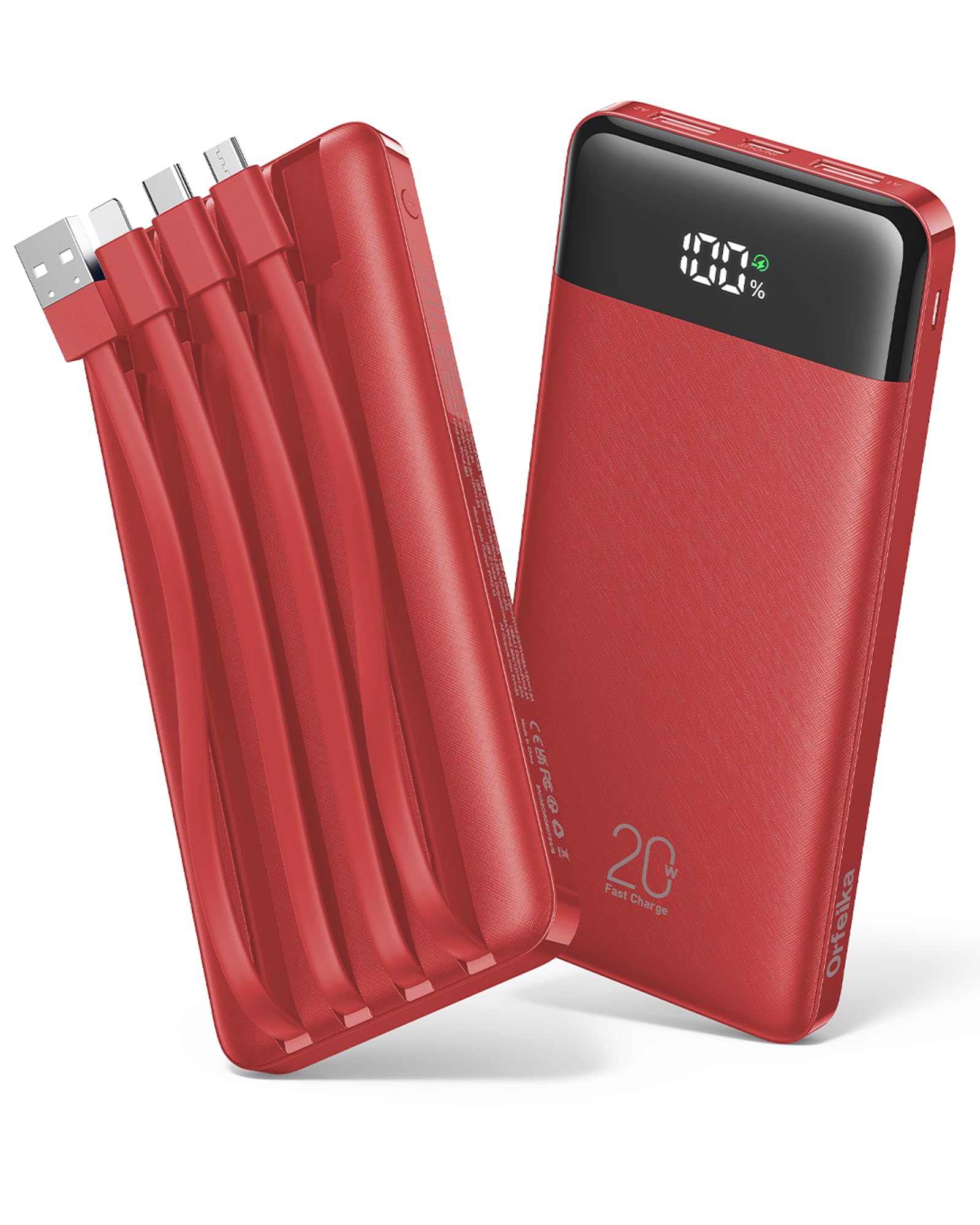 Orfeika 20000mAh Powerbank mit 4 Integrierten Kabeln, 20W PD-Schnellladung Power Bank, Externer Akku mit LED-Display, Akkupack für iPhone 17/16/15, Galaxy, iPad, Android & Mehr