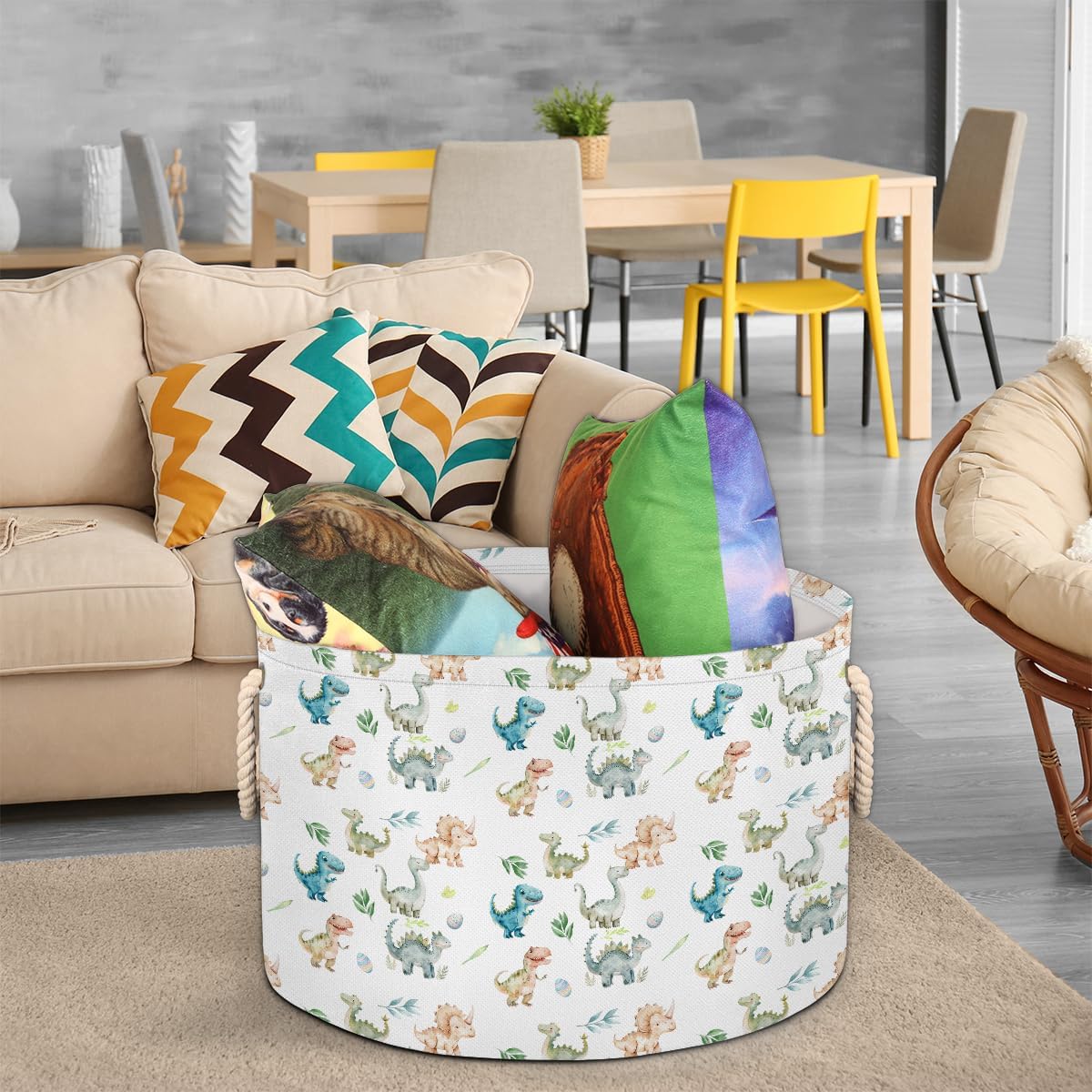 Pardick Dinosaur Egg Large Round Storage Basket Collapsible Circle Storage Bin Laundry Hamper With Handle for Kids Toy Blanket Clothes Towel Living Room Nursery Storage Organizer Decor