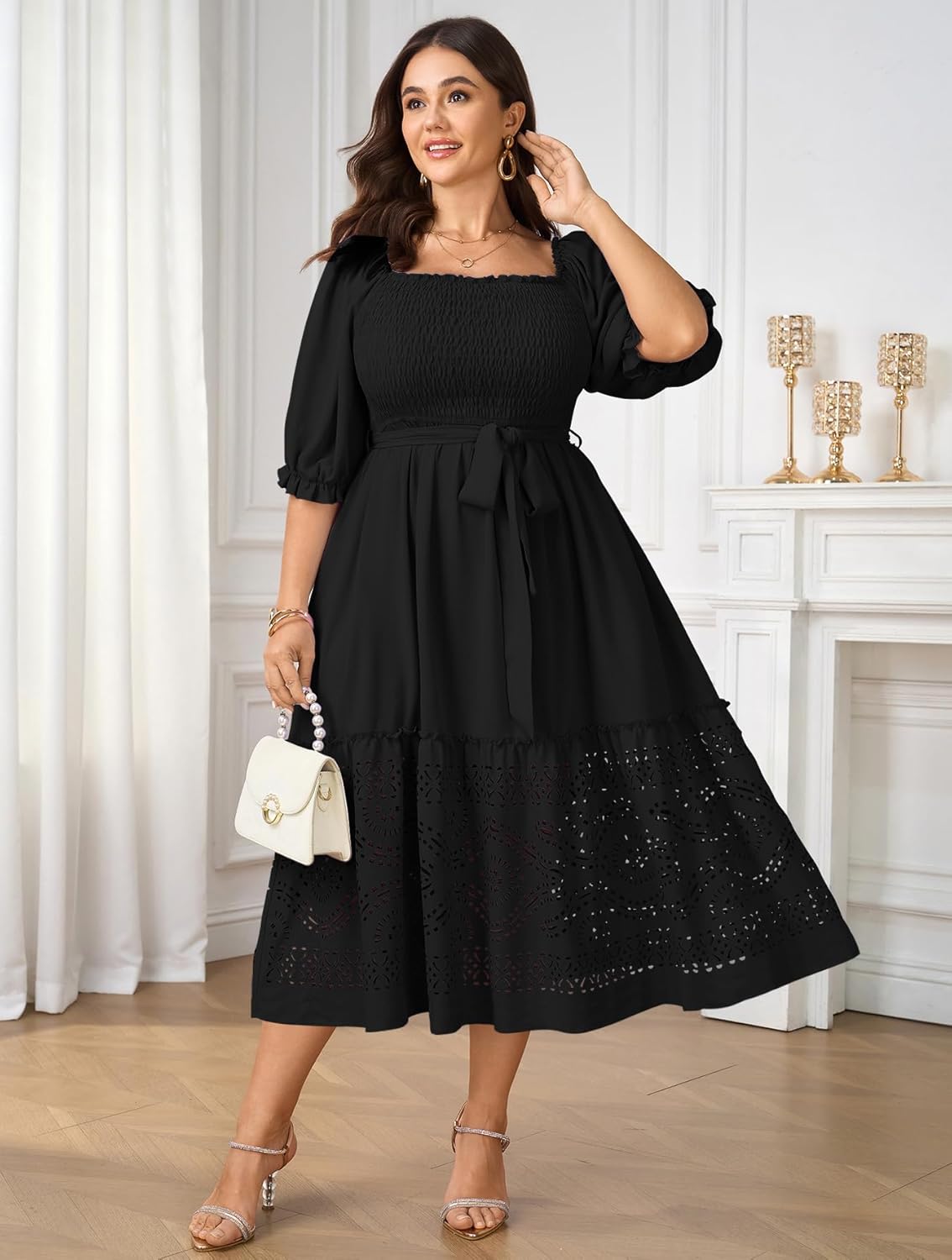 Women's Plus Size Wedding Guest Dress 3/4 Sleeve Square Neck Smocked Empire Waist Tie Boho Eyelet Maxi Long Dresses - Image 2