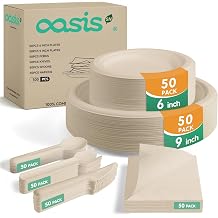 300PCS Disposable Paper Dinnerware Set for 50 Guests Compostable Includes 50 Each 6" Dessert Plates, 9" Dinner Plates, Spoons, Forks, Knives and Napkins, Ideal for Parties Natural