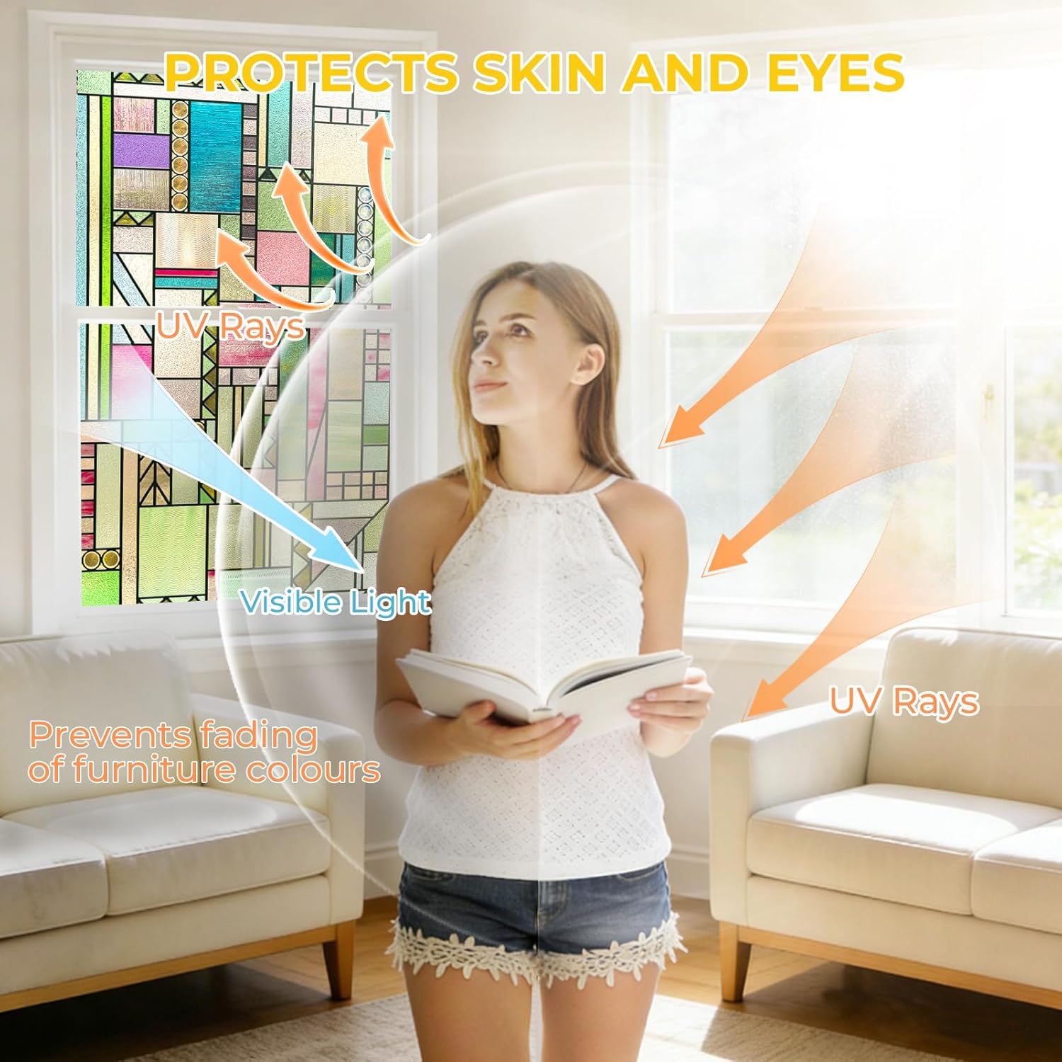 3D Stained Glass Window Privacy Film, Heat Control UV Blocking Static Cling Decorative Window Film for Bathroom,Front Door,Home Non Adhesive 35.4 x 78.7 inches Colorful Abstraction