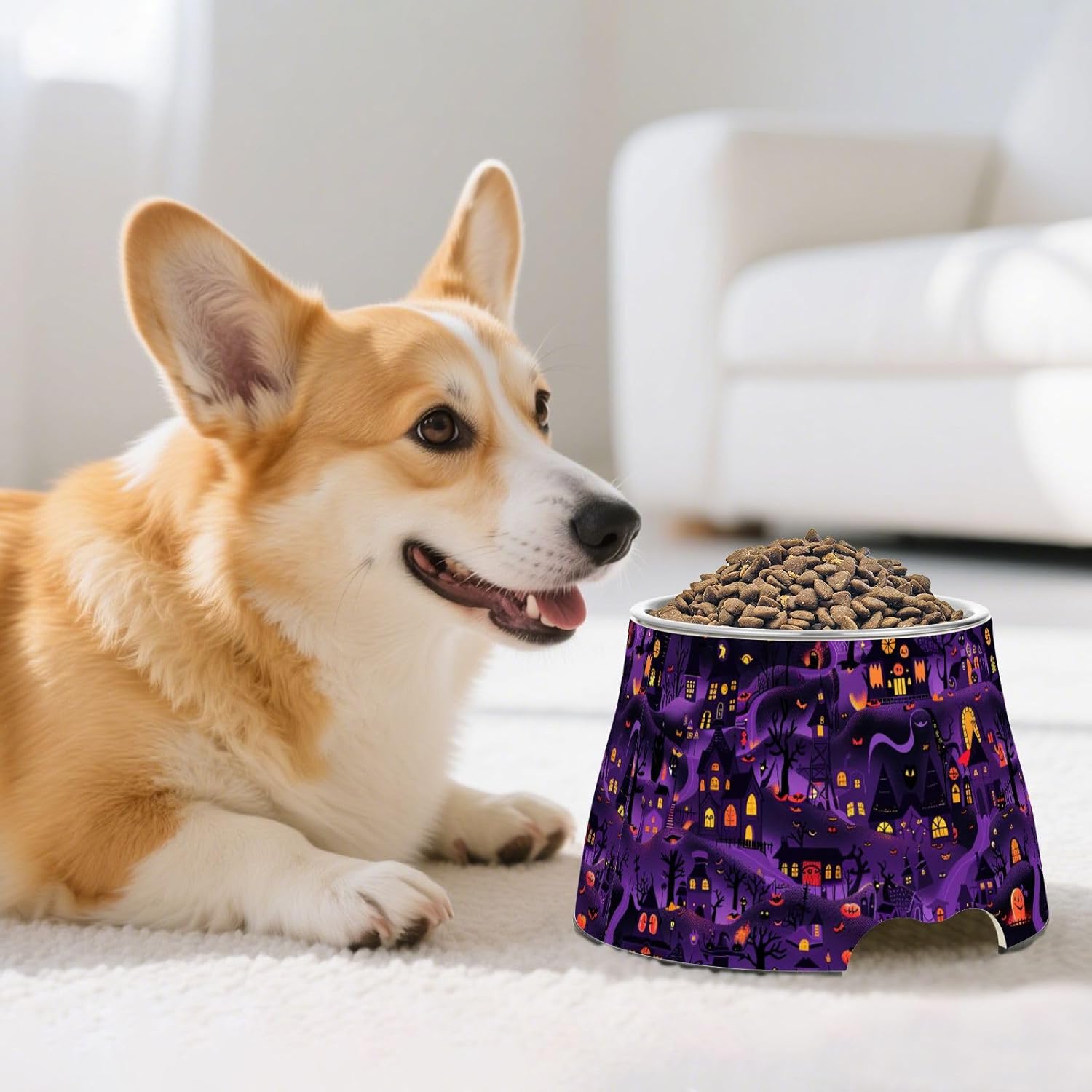 Giant Halloween Town Purple Black Pets Water&Food Bowls Non Slip Stainless Steel Cats Basic Bowls for Small Pet Whisker Friendly