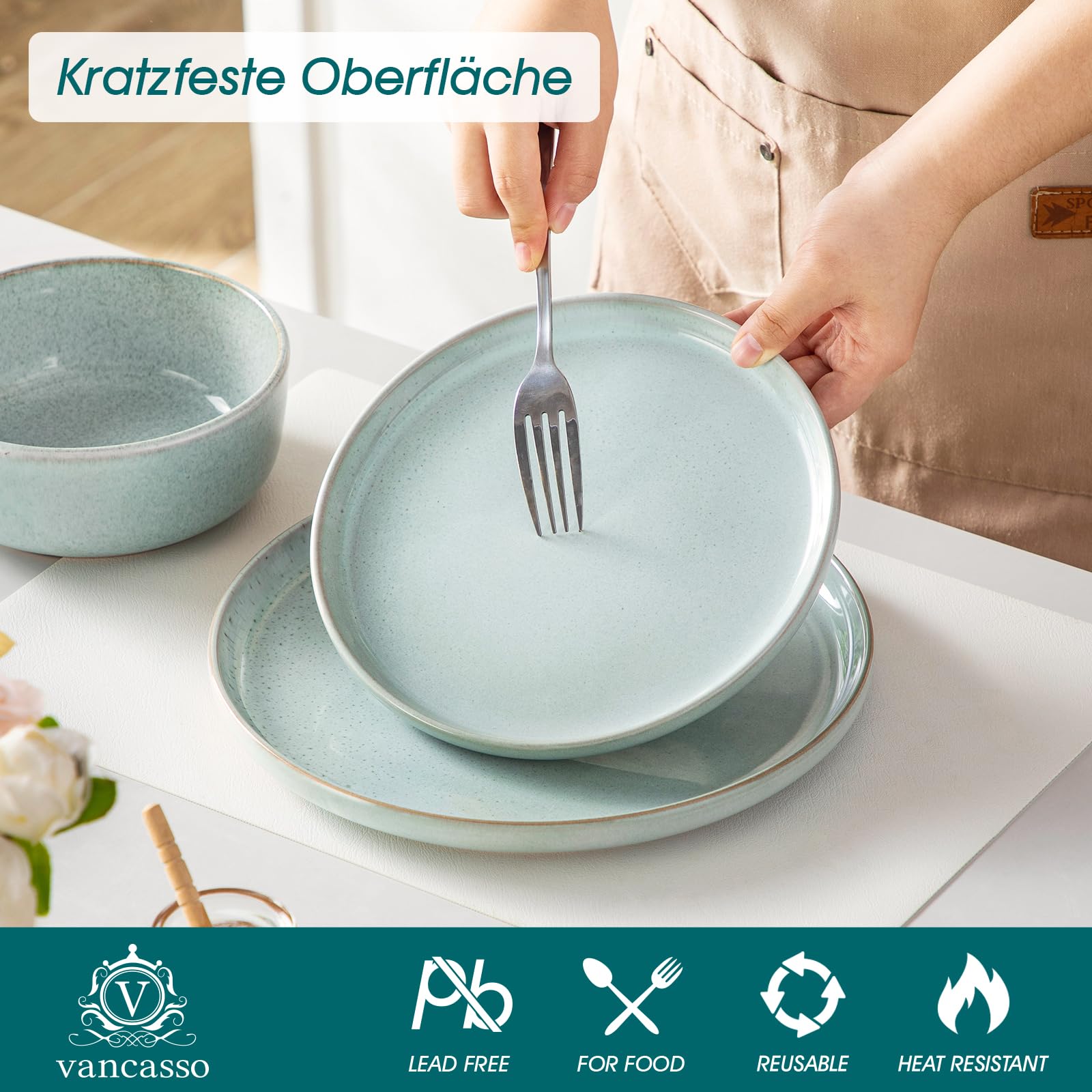 Steingut Geschirrset 12 Personen, vancasso ANYA Mintgrün Teller Set Modern 36 teilig,Tafelservice mit Speiseteller, Desserttellern und Schüsseln, Geschirr Set Spülmaschinen und Mikrowellenfest