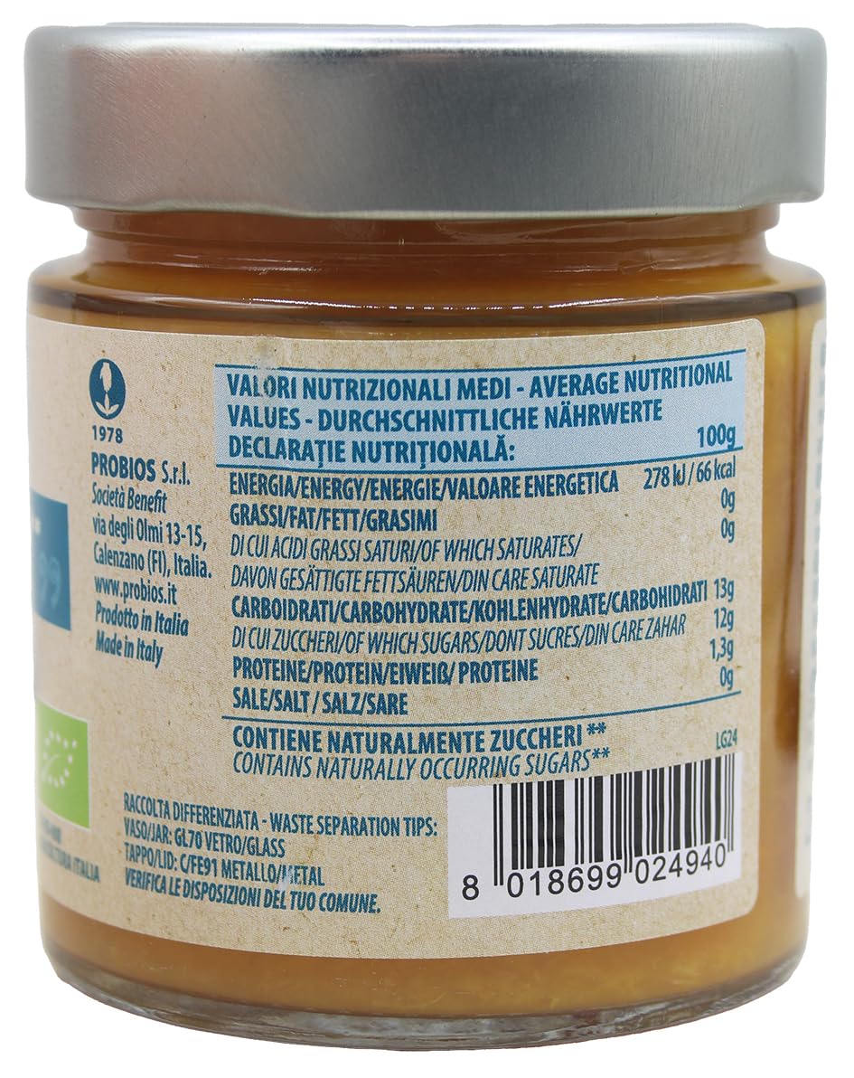 Probios Composta di Pesca Italiana Bio - Senza Glutine e Composta di Frutta Senza Zucchero - Dolcezza e Sapore Naturali - Confezione da 6 x 215 g
