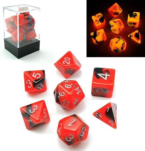 Bescon Juego de dados poliédricos que brillan en la oscuridad de dos tonos Hot Rocks, juego de dados RPG luminosos d4 d6 d8 d10 d12 d20 d% paquete