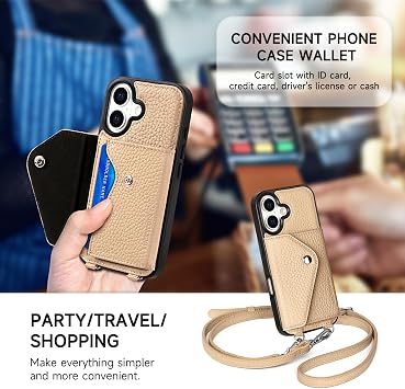 LUCKYCOIN クロスボディ 携帯電話ケース iPhone 17用、本革ウォレットフォンケース、拡張可能なフリップカードホルダー付き、ベージュの携帯電話パース、調節可能&取り外し可能なストラップ付き、旅行/ショッピング/パーティー