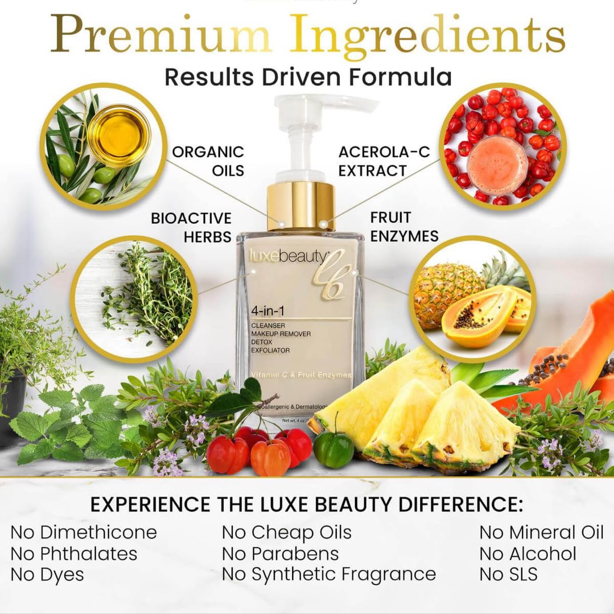 Luxe Cleanser All-in-One Hypoallergenic Face Cleanser + Natural Makeup Remover Face Wash + Exfoliator for All Skin Types – No Parabens, No Silicones. Made with Organic Botanicals & Vitamin C.