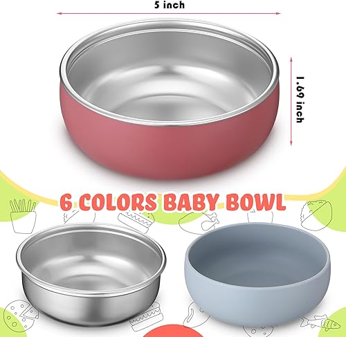 Vista 2 de Nuogo 6 cuencos de acero inoxidable 304 para bebés con carcasa de silicona extraíble para niños pequeños, recipiente antiquemaduras para Color suave