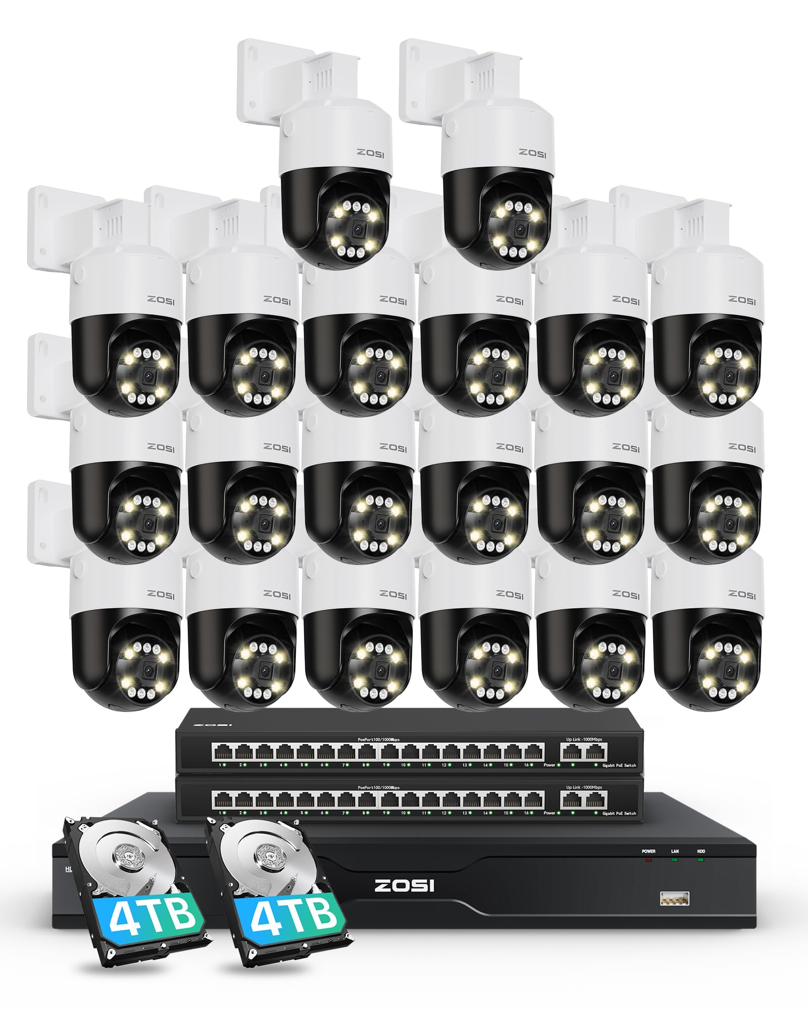 ZOSI 4K 32 Channel PT PoE Security Camera System, Auto Human Tracking, Person Vehicle Detection, 2 Way Audio, 20pcs 8MP Pan/Tilt Spotlight Outdoor