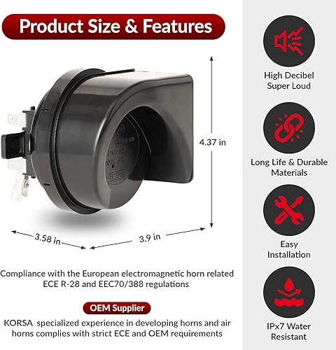 Miniatura 4 de KORSA Bocinas de coche, juego de bocinas de tono alto y bajo de 12 V, bocinas de automóvil ultra ruidosas mejoradas, ajuste universal, bocina de